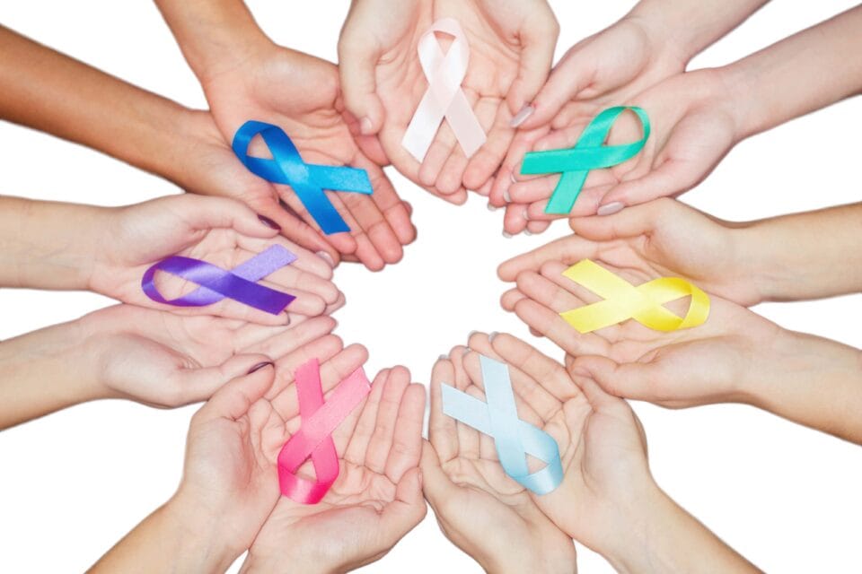 colorful ribbons, cancer awareness, World cancer day background. many ribbons on hands isolated on white